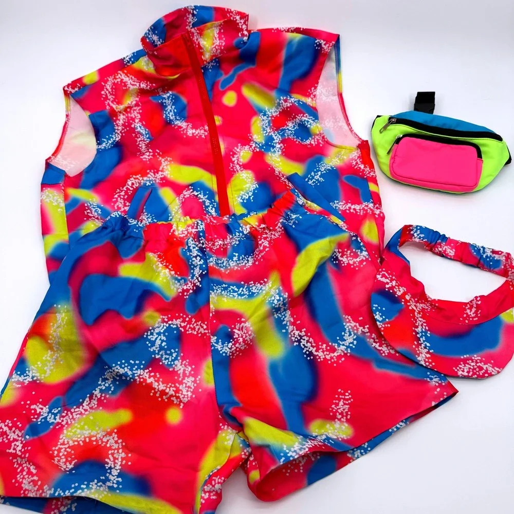 Vintage Style Tracksuit Set Men L Retro 80s Neon Abstract Print 4pc Vest Shorts
